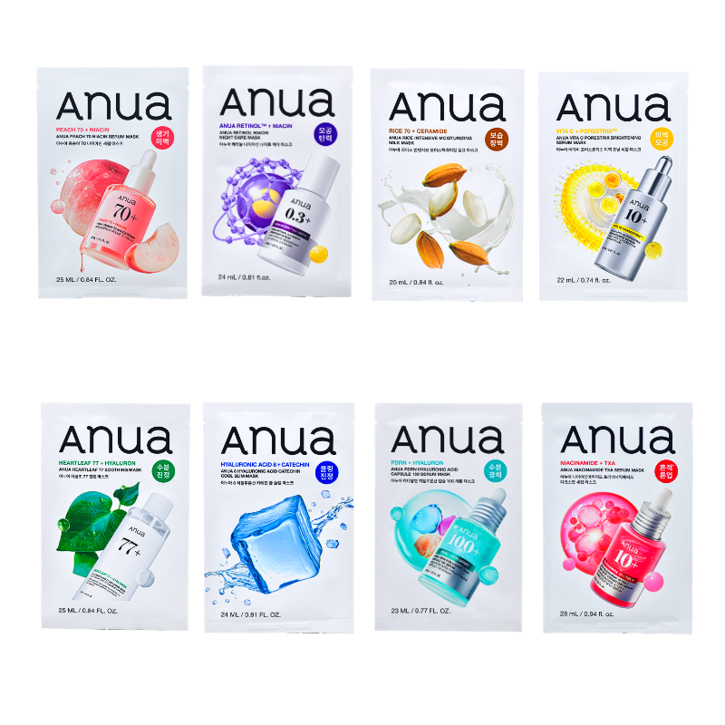 ANUA Korean Sheet Mask 8 Types Variety Set PDRN Retinol Niacinamide Heartleaf