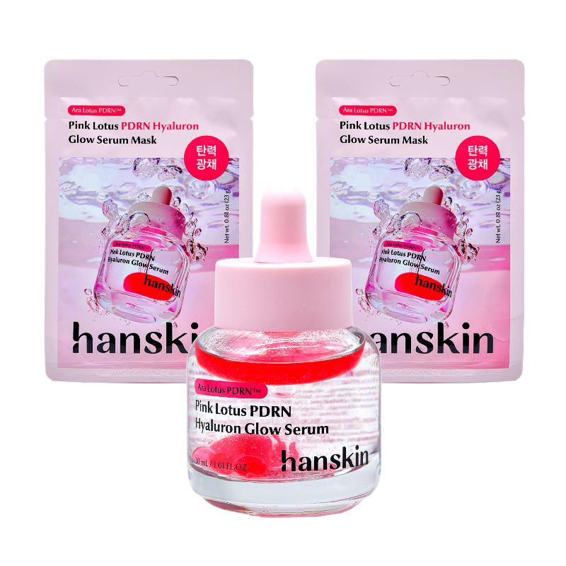 HANSKIN Pink Lotus PDRN Hyaluron Glow Serum 30ml + 2 Mask Set