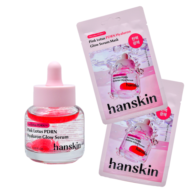 HANSKIN Pink Lotus PDRN Hyaluron Glow Serum 30ml + 2 Mask Set