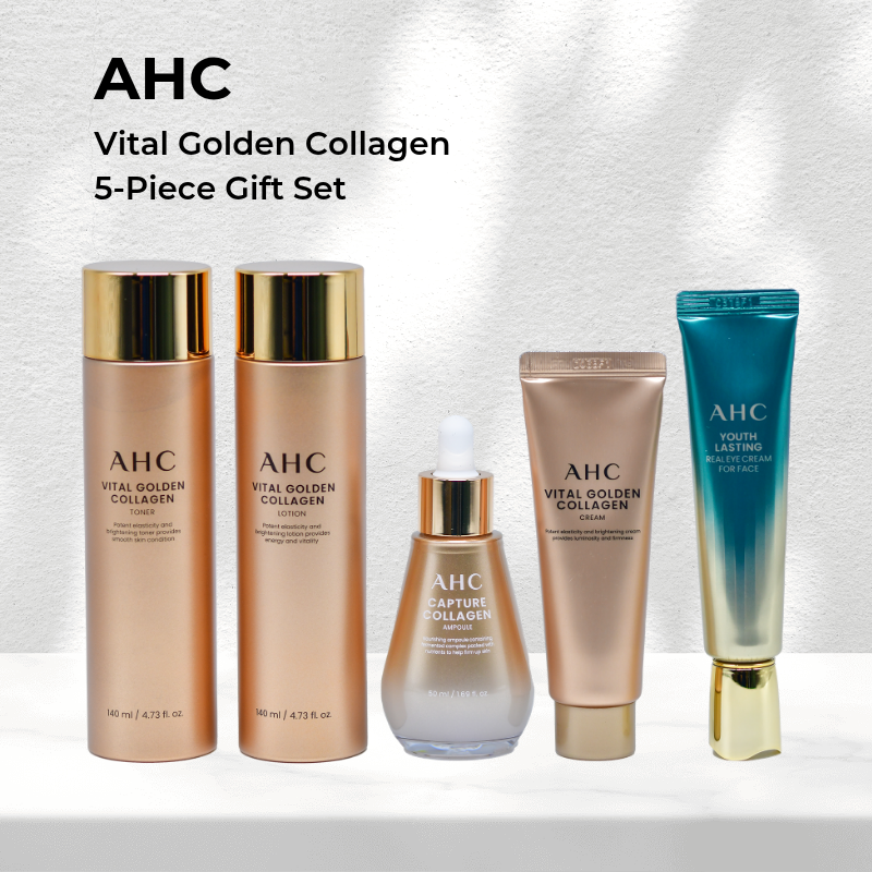 AHC Vital Golden Collagen 5-Piece Skincare Gift Set Toner Lotion Ampoule