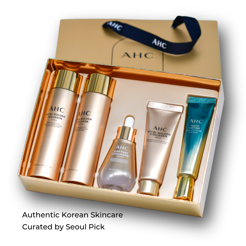 AHC Vital Golden Collagen 5-Piece Skincare Gift Set Toner Lotion Ampoule