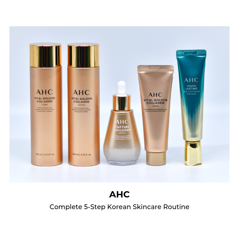 AHC Vital Golden Collagen 5-Piece Skincare Gift Set Toner Lotion Ampoule